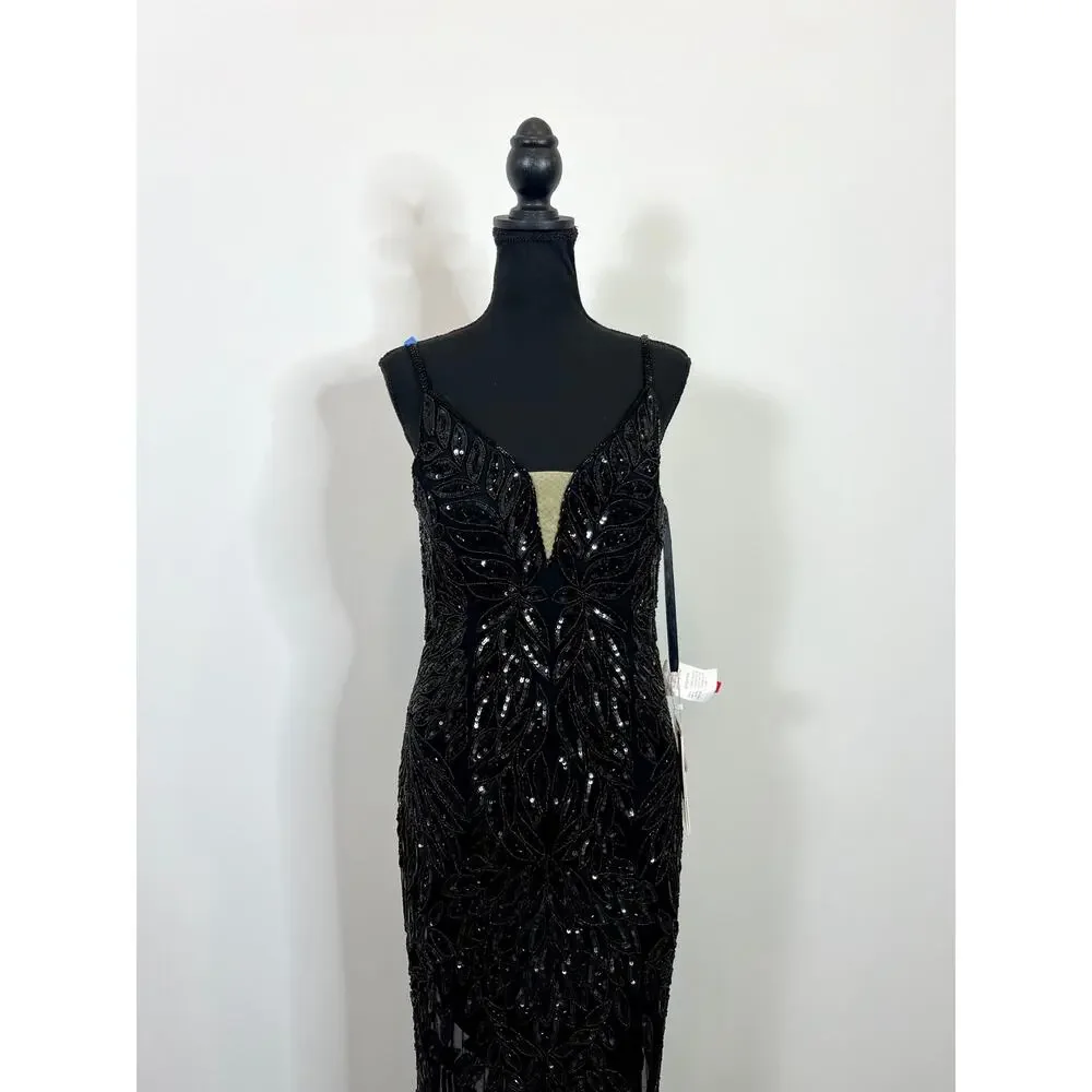 Mac Duggal Embellished Leaf Beaded Gown Black Size 6 - Picture 3 of 10